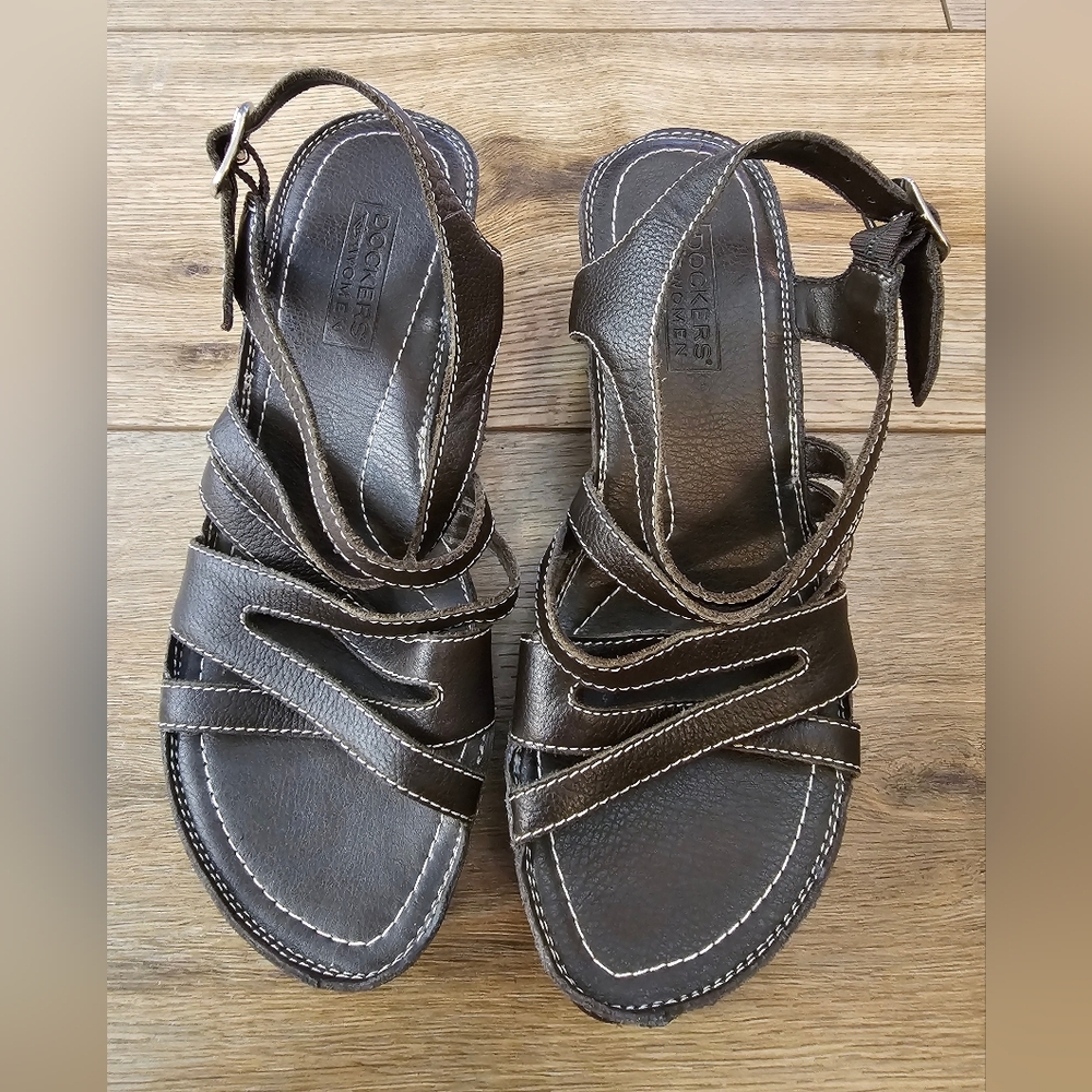 Dockers Womens Size 6M Brown Leather Sandals Wedge Heels Shoes White Stitch - Picture 2 of 10